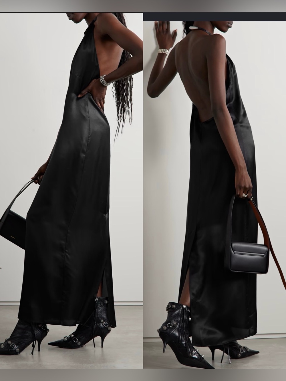 Acne Studios Silk Blend Gathered Leather-Trimmed Satin Halterneck Maxi Dress, 8